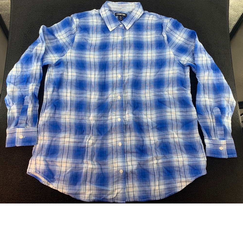 Lands End Blue White Plaid Long Sleeve Button Down Shirt Girls Size 18T